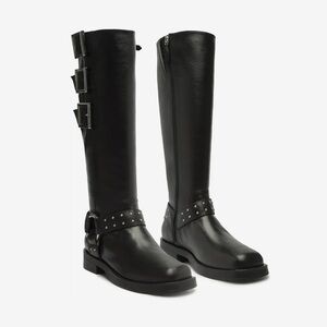 SCHUTZ Luccia Motorcycle Buckle Genuine Leather Knee High Flat Boot